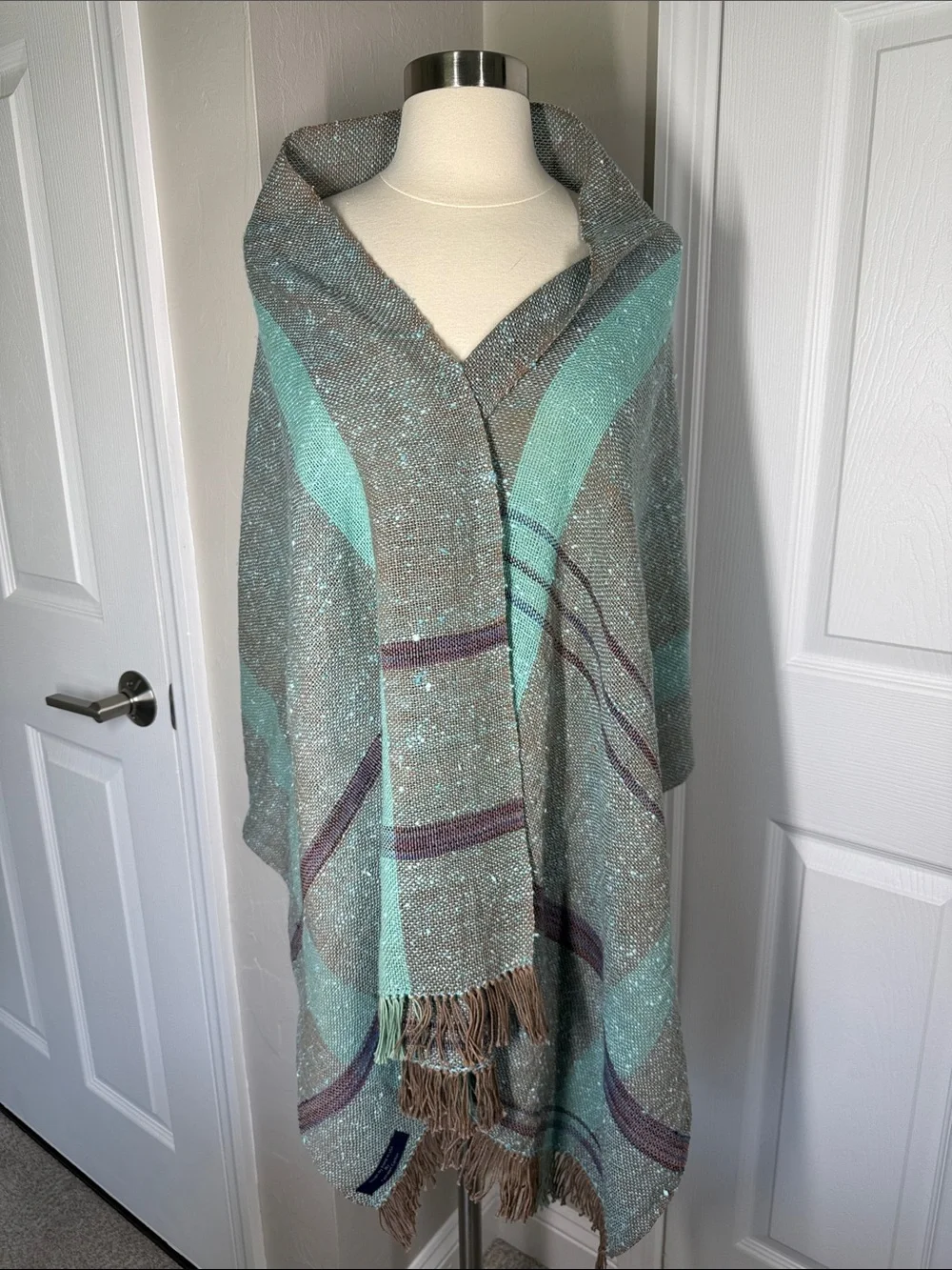 Kathleen Carleton woven scarf/shawl turquoise and brown